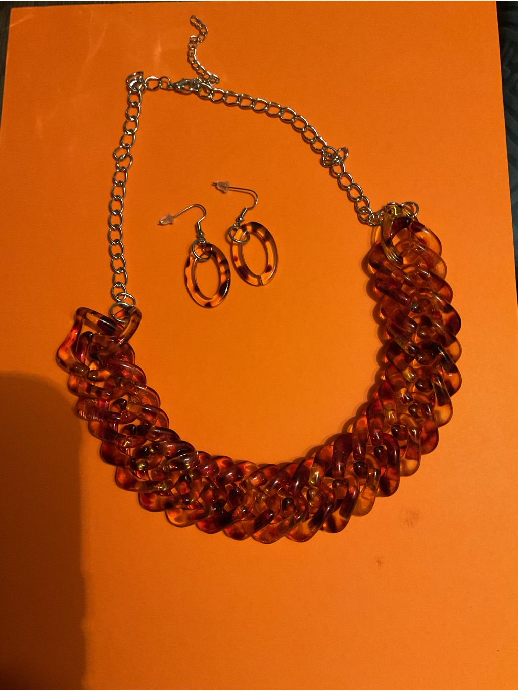 Paparazzi Tortoiseshell Amber-Link Necklace With Hoop Earrings
